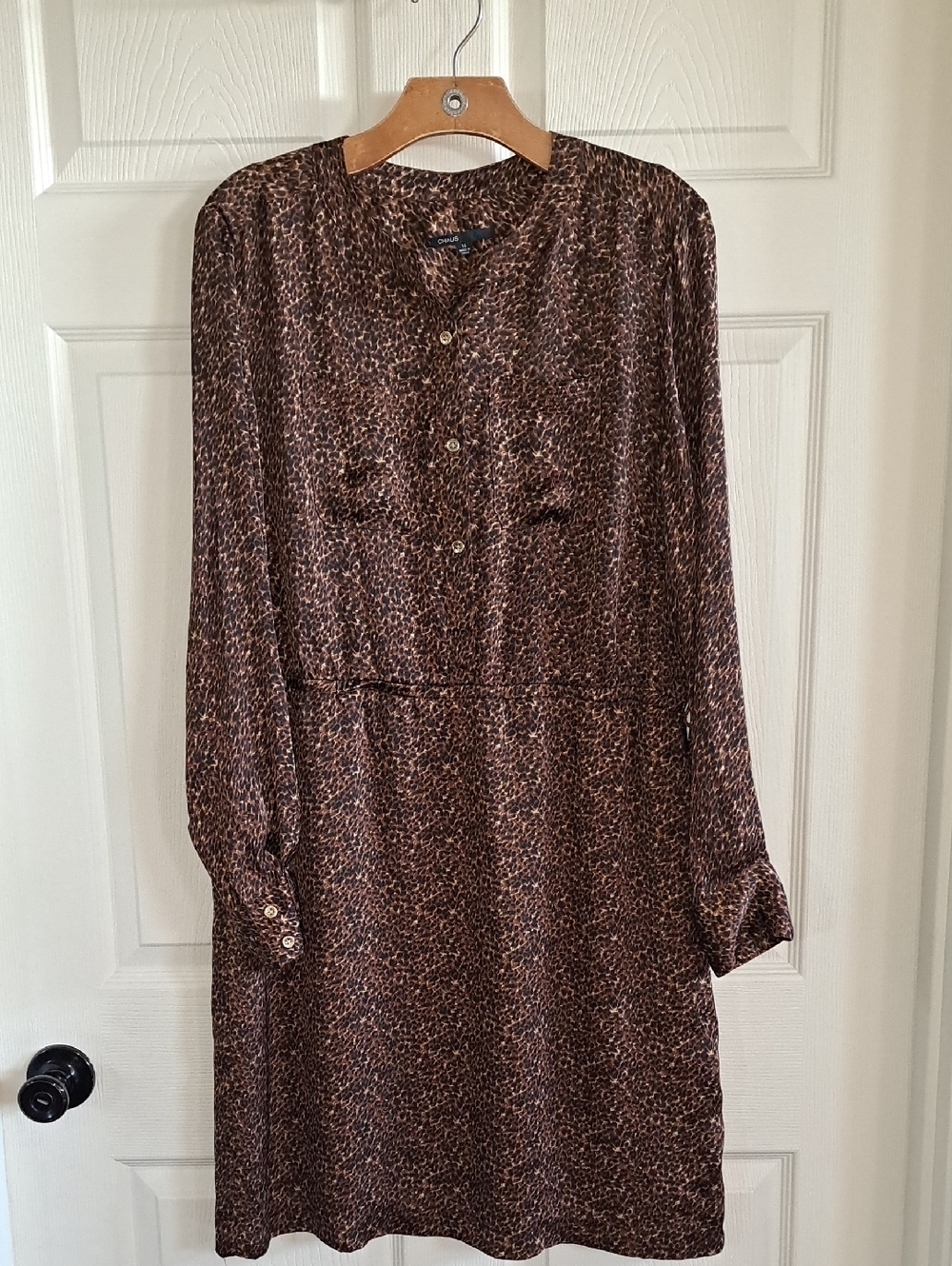 Chaus Satin Animal Print Shirt Midi Dress Gold Button Pockets Classic Dress
